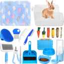 20 Pcs Rabbit Starter Kit Small Bunny Litter Box Animal Grooming Kit with Hanging Pet Bowls Water Bottle Bunny Toys Flannel Blankets with Cleaning Set for Guinea Pig Rabbit Accessories (Blue)