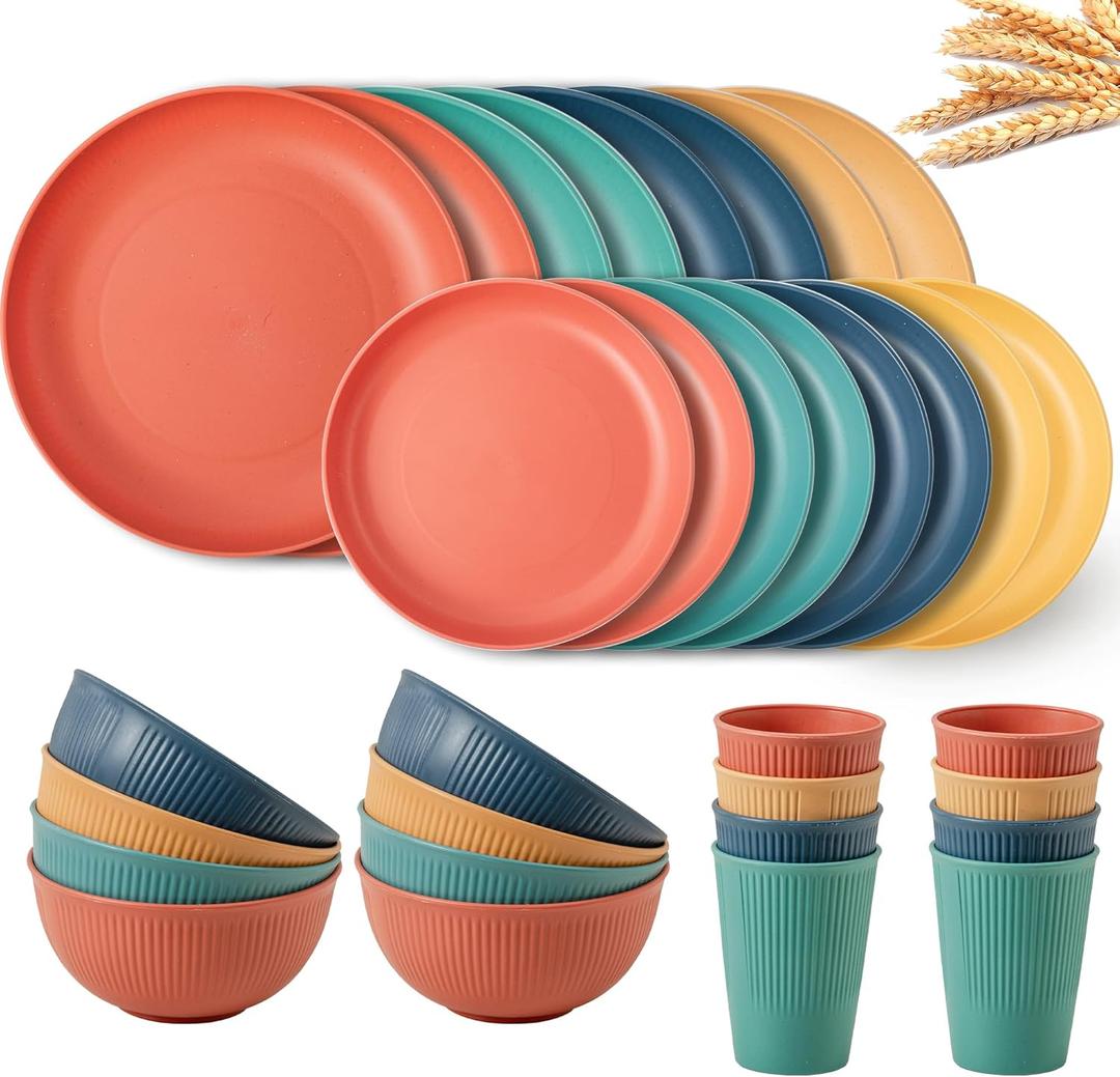 Reusable Plastic Dinnerware Sets for 8, Wheat Straw Microwave Safe Cups Plates and Bowls Set, Unbreakable Kitchen Dish Set for RV Camping Picnic Dorm, 32Pcs, Multicolor Reusable Plastic Dinnerware Sets for 8, Wheat Straw Microwave Safe Cups Plates and Bowls Set, Unbreakable Kitchen Dish Set for RV Camping Picnic Dorm, 32Pcs, Multicolor