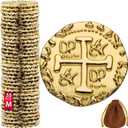 Leib Games Metal Pirate Coins - 35 Gold Treasure Coin Set, Metal Replica Spanish Doubloons for Pirate Party Decorations & Favors, Tokens, Toys, Cosplay - Pirate Treasure Chest, Size 7/8"