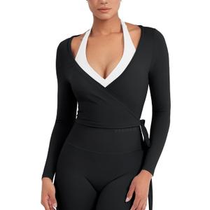 YEOREO Women Pilates Wrap Top Long Sleeve Tie Ballet Workout Yoga Shirt Michelie Y2K V Neck Cropped Tops (Medium, Black)