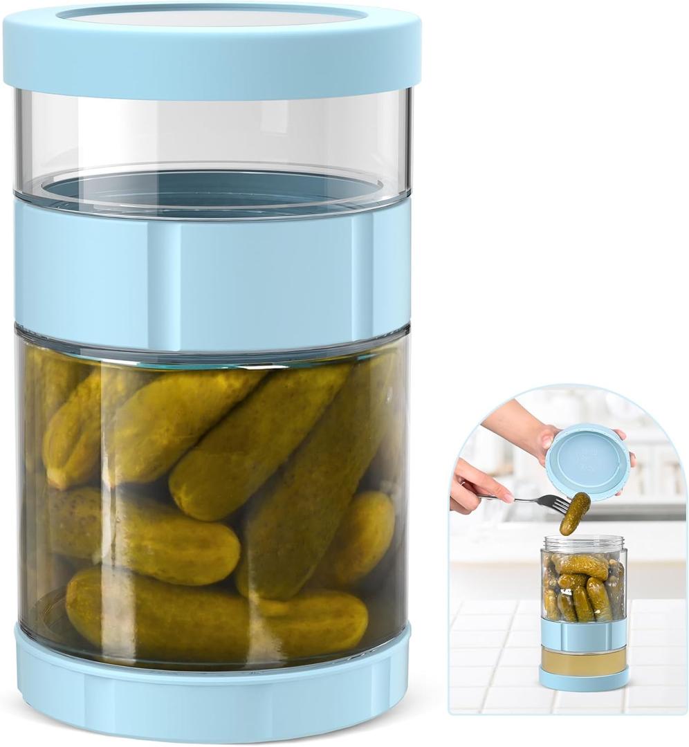 Glass Pickle Jar with Strainer Flip, 56oz Airtight Pickle Container, Leak-proof Juice Separator Pickle Flip Jar with Sealing Silicone Ring for Olive, Sliced Pickle and Jalapeno, Dishwasher Safe (1pcs, Blue)
