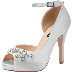 ERIJUNOR Women's Peep Toe Platform High Heel Rhinestones Satin Evening Prom Wedding Shoes (Silver)