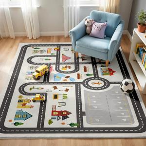 5x7ft Kids Town Road Play Rug - Non-Slip Faux Wool Carpet with Interactive City Map Design, Educational Toy Vehicle Mat for Kids, Bedroom Playroom Nursery Gift.