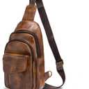 Le'aokuu Men Outdoor Casual Travel Hiking Tea Crossbody Chest Sling Bag Rig One Shoulder Strap Bag Backpack Men Leather (E 8013 Gold)