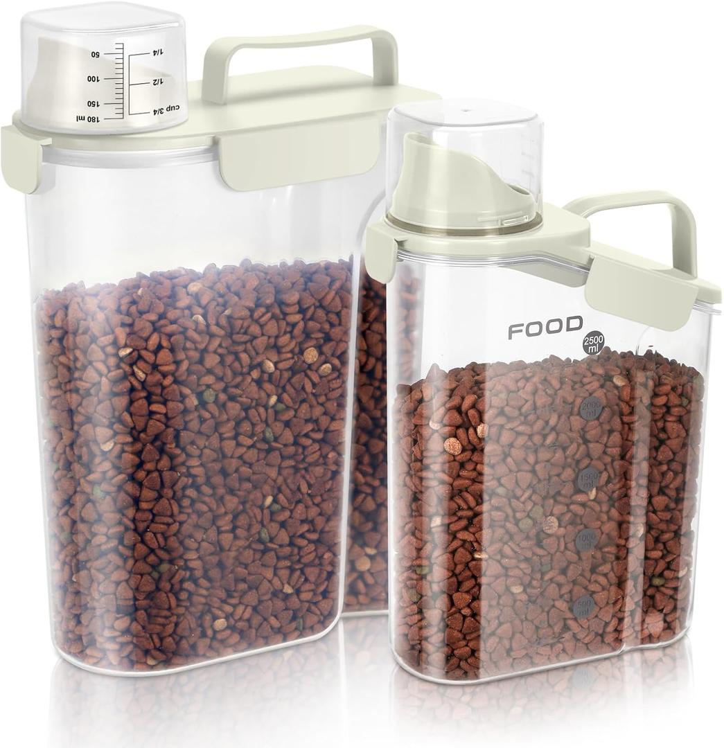 8-12 LBS Cat Dog Pet Food Storage Container, Plastic Dispenser Upgraded Large Nozzle, BPA-free, With Sealed Clasps, Measuring Cup and Handle, Easy to Clean and Carry -1 Packs Beige ((5L+3L) 1pack)