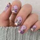 Short Press on Nails Square Fake Nails with Flower Leaves Designs French Tip Nails Press ons Glossy Glue on Nail Purple Acrylic Nail Artificial Spring Stick on Nail for Women 24Pcs