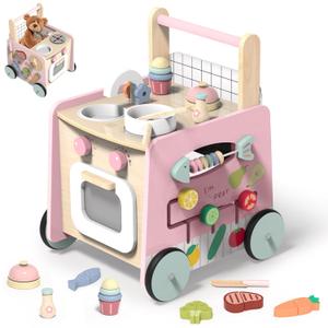 wiqins Wooden Baby Walker 9-in-1 Activity Center with Toddlers Montessori Sensory Toys and Play Kitchen Push Walker for Kids with Wheels and Storage Space, Ideal Gift for Girls Boys Ages 6-36 Month