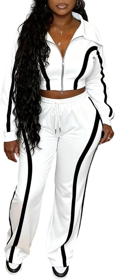 Women Striped 2 Piece Outfits Long Sleeve Zip Up Jacket Top and Wide Leg Pants Set Tracksuits with Pocket, Medium, White