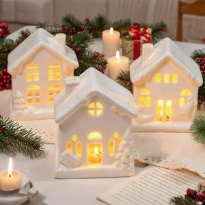 NEROSUN Ceramic Christmas Village Houses, 5Pcs LED Lighted Porcelain White Small House Tabletop Figurines, Light Up Christmas Decorations for Home Shelf Cabinet Table Winter Decor