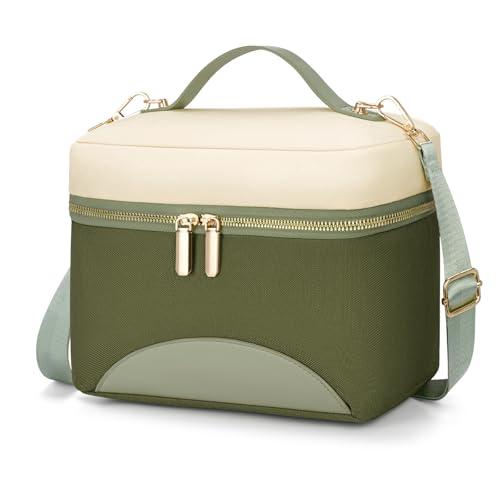 WOOMADA Insulated Lunch Bag For Women - Leakproof Adult Lunch Box With Adjustable Strap, Ideal For Office, Picnic, Hiking, Beach - Stylish Cooler Tote Bag,beige＆green