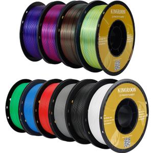 Kingroon PLA 3D Printer Filament,10 Rolls, 10kg Spool(22lbs),Single and Triple Color1.75 mm,4 Triple Color Silk PLA+6 PLA (10*1kg(black+white+red+green+blue+red Green Blue+red Yellow Blue +Green Purple Copper+black Purple Blue)