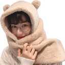 Women Kawaii Bear Ear Beanie Hat Scarf 2 in 1 - Cute Winter Warm Sherpa Thicken Fleece Fuzzy Japanese Fluffy Knit Hat Cap (7-7 1/8, Beige)