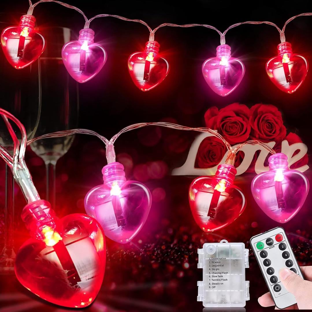 Valentines Day Decorations Heart String Lights Valentines Decor, 8.2FT 20LED Red Pink Heart Garland Light Timer 8 Modes Remote Control, Battery Operated Valentine Lights Home Indoor Outdoor Wedding