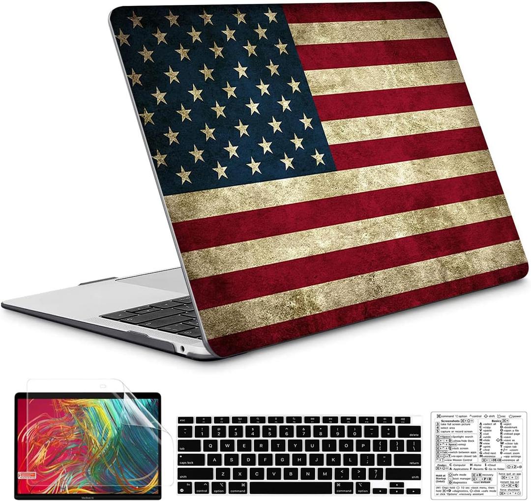 Compatible with MacBook Air 13 Inch Case 2022, 2021-2018 A2337 M1 A1932 A2179 Durable Hard Plastic Shell Case &Keyboard Cover&Mac OS Keyboard Sticker (American Flag)