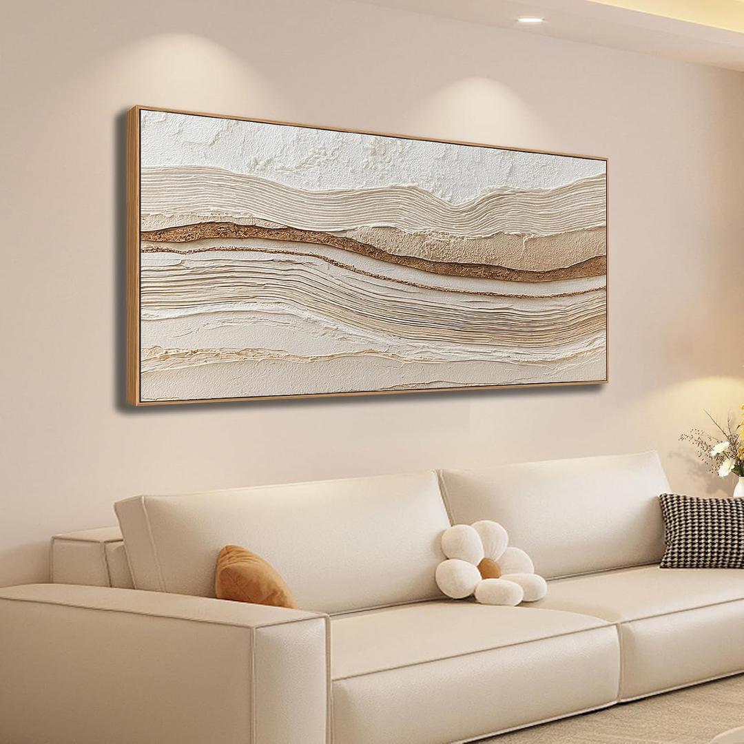 Sorbrozo Abstract Textured Wall Art 20x40 Inch Framed Neutral Beige and Gold Wavy Landscape Canvas Print Modern Decor for Living Room Bedroom & Office