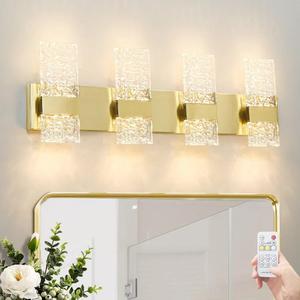 Modern Polished Gold 4 Lights Bathroom Vanity Light, Eleglant LED Bathroom Light Fixtures Over Mirror, Dimmable Acrylic Shade Wall Lighting Fixtures, Hardwired Wall Light(H9.25in, L28.35in)