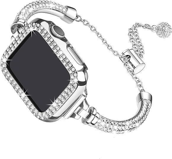 Secbolt Bling Band and Case Compatible with Apple Watch Bands 40mm, Women Dressy Metal Bracelet with Rhinestone Bumper for iWatch SE Series 6/ 5/ 4, Silver