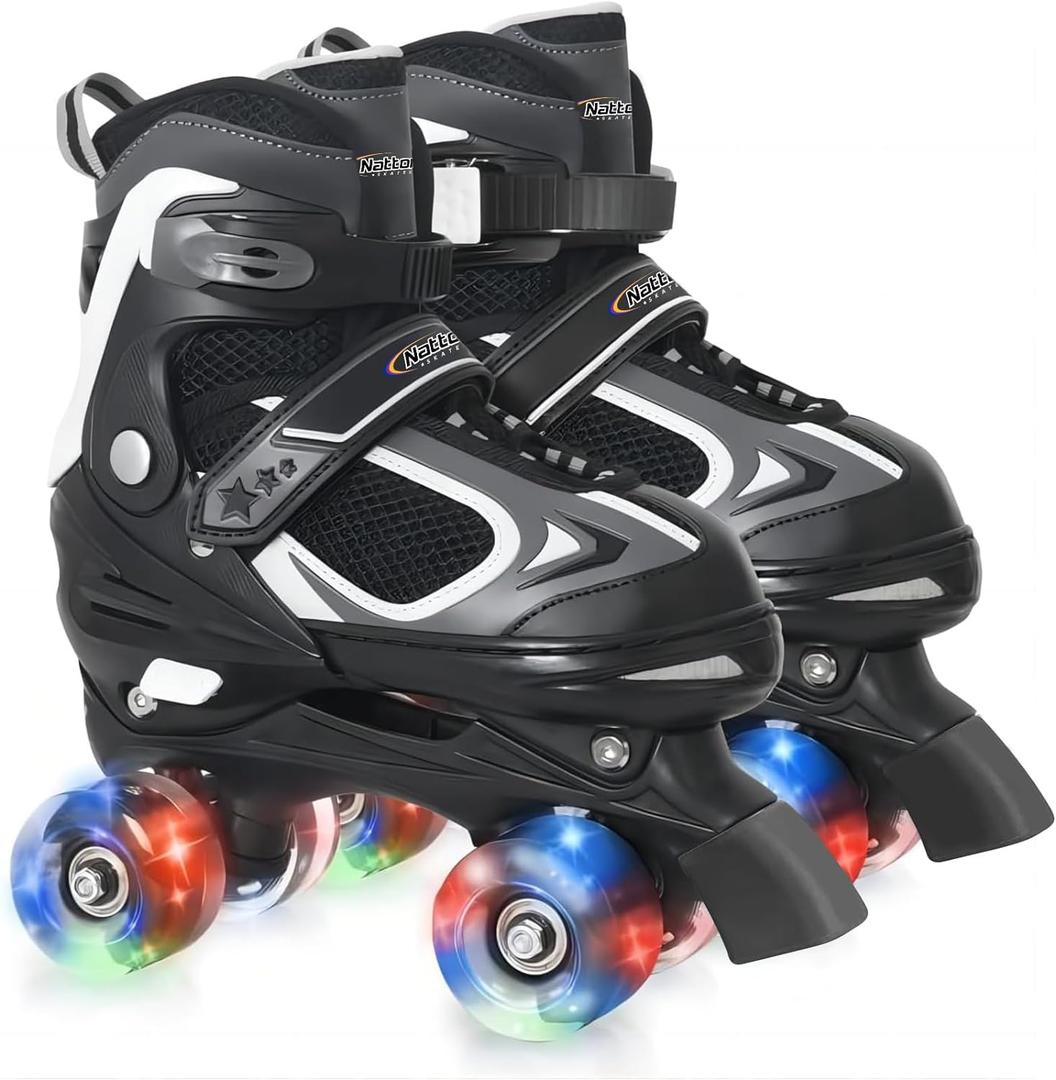 Nattork Kids Roller Skates for Boys Girls Kids, 4 Sizes Adjustable Quad Skates with All Light up Wheels - Birthday Gift for Indoor Outdoor Sports (Medium(1-4), Black)