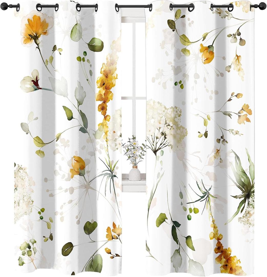 Yellow Floral Curtains/Drapes Panels 84 inches Length 2 Panels Set for Living Room,Bedroom,Window Treatment Thermal Insulated Grommet