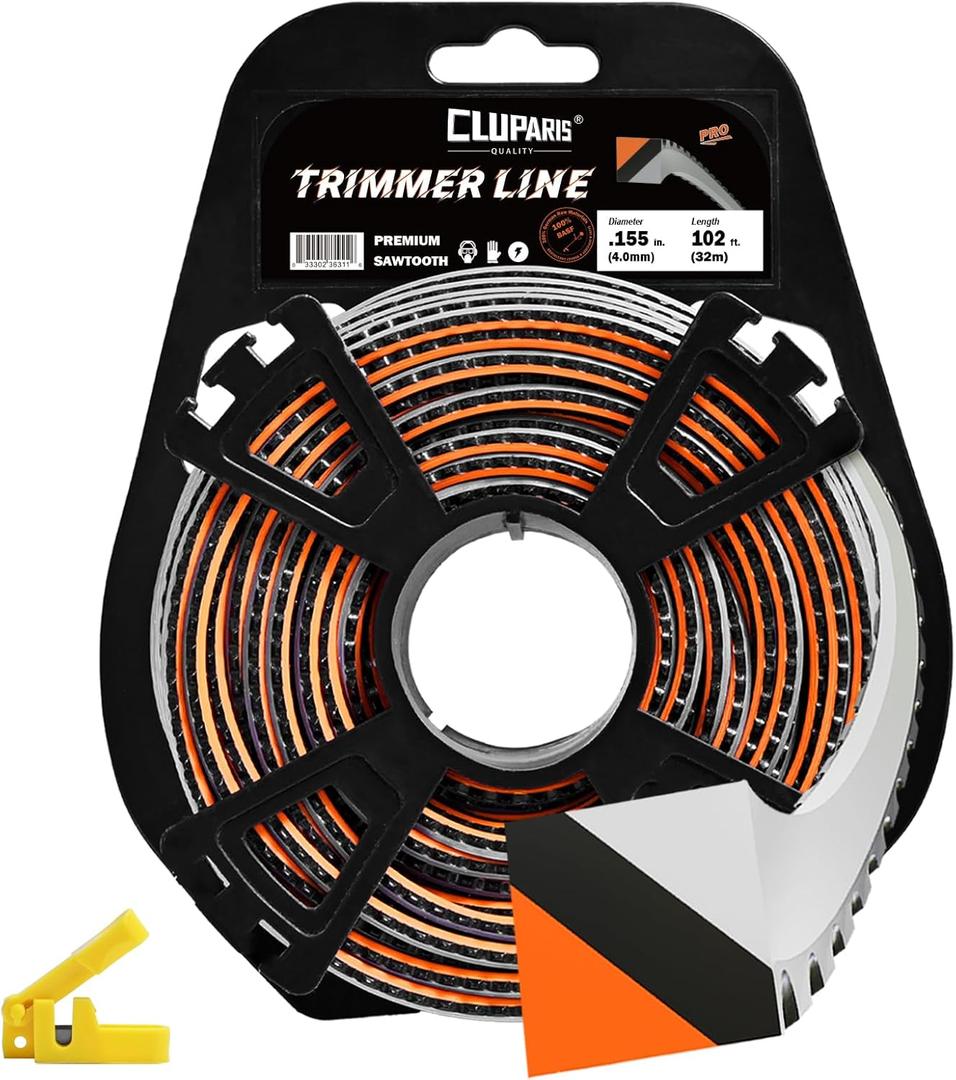 Cluparis 155 Sawtooth Trimmer line Heavy Duty for Push String Trimmer 1-Pound, 0.155" Nylon Weed Eater String .155-inch-by-102-ft Commercial String Trimmer Line in Spool with Line Cutter