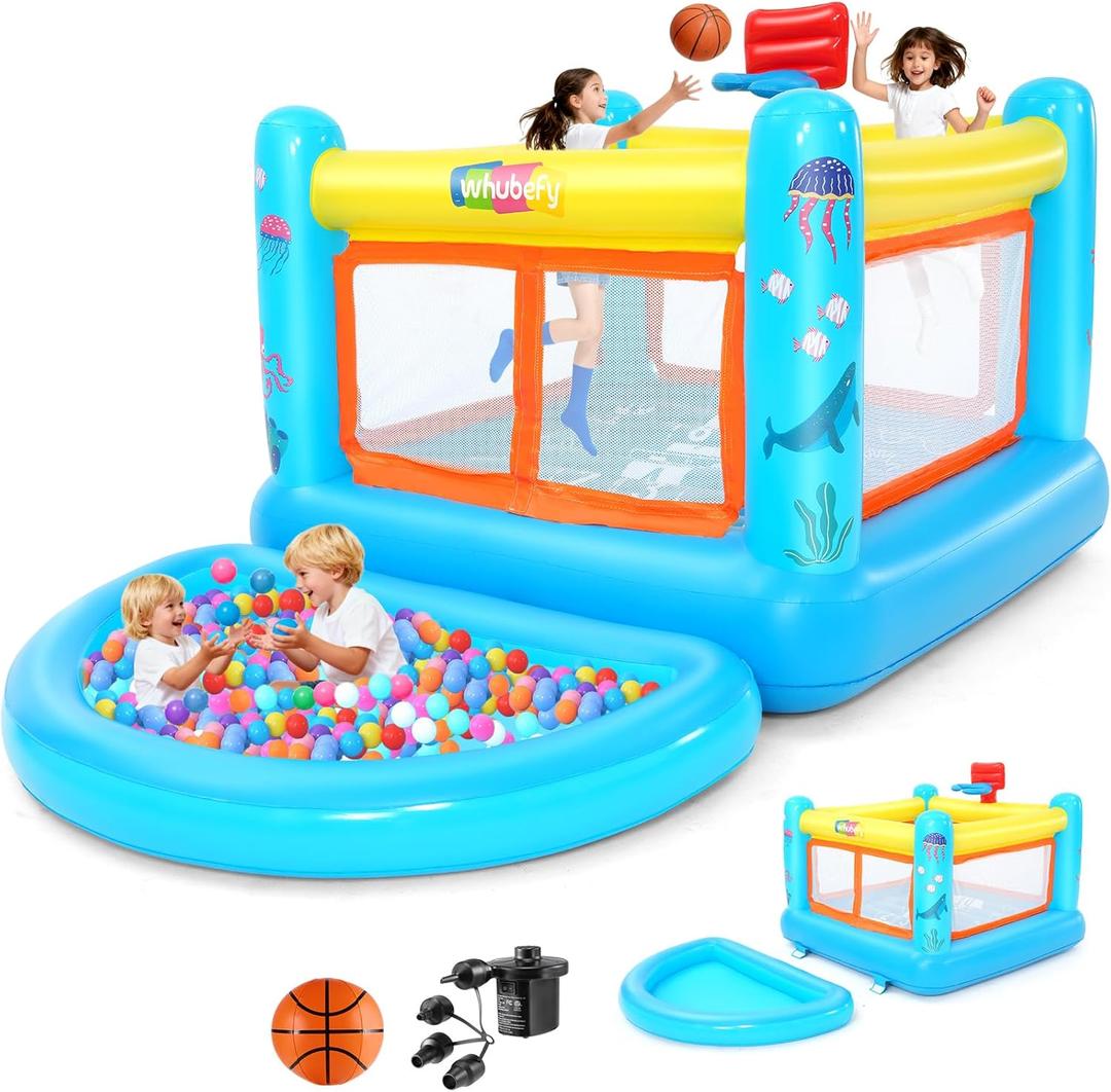 AKEYDIY Inflatable Bounce House for Kids, 107.1'' x 67.7'' x 44'' PVC Jumping House with Removable Pool/Ball Pit, Basketball Hoop, Game Map, Indoor Outdoor Bouncy House for Toddlers 3-6 (with Pool)