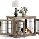 Upolana Dog Crate Furniture, 32 inch Medium Dog Crates with Bed Mat, Wooden Dog Kennel Furniture, End Side Table Dog Cage with 3 Doors, Greige