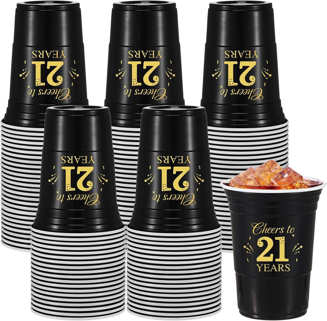 Ziliny 50 Pack 21st Birthday Decorations Birthday Cups 16 oz Disposable Plastic Gold and Black Cheers to 21 Years Cups for Men Women Hot Cold Drinks for Wedding Anniversary Supplies