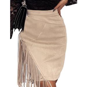 IDEALSANXUN Fringe Suede Skirt for Women High Waisted Fall Winter Tassel Short Mini Skirt 2025 (XX-Large, Khaki)