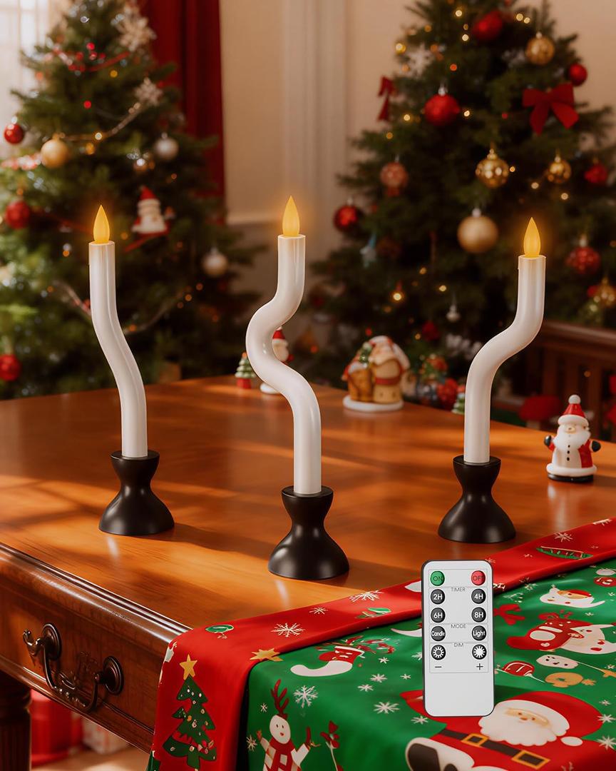 COOLWUFAN Window Candles with Remote Timer, 3 Pcs Flameless Taper Candles Battery Operated with Black Holder, Realistic LED Flickering Flame Dripless, Christmas Decorations Indoor for Home Party Fall