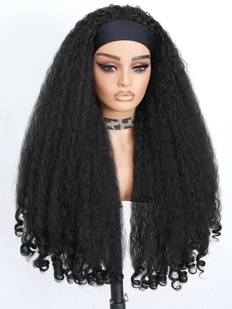 Curly Headband Wig 26 InchAfro Curly Wigs for Black WomenKinky Straight Synthetic Hair with Bouncy Curls In the EndWear and Go Glueless Half Wig (Natural Black)