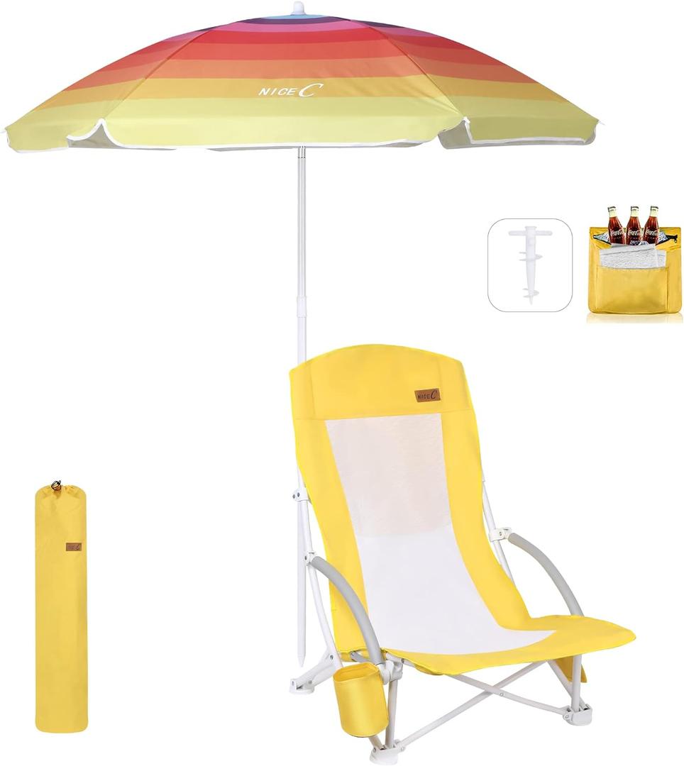 Nice C Beach Chair, Sand Chair, Lake Chairs for Adults with Umbrella and Cooler, Low Beach Chairs High Back, Cup Holder & Carry Bag & Heavy Duty Compact Outdoor, Camping (One Yellow), 31.5" H x 22.8" W x 6.3" D