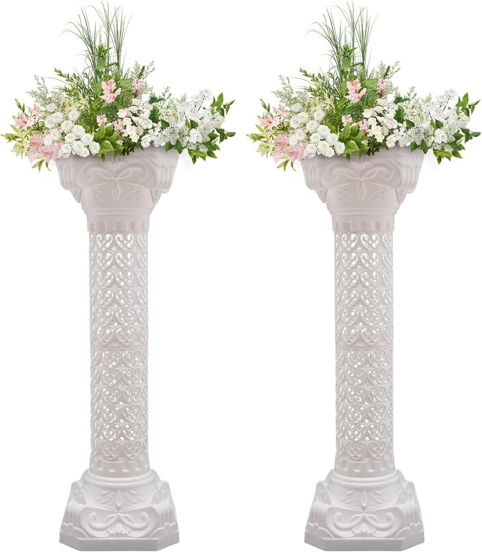 2Pcs White Decorative Roman Wedding Columns 35.4inch Tall Elegant Wedding Roman Column Pillars Set Flower Pot Columns Pedestal for Party Event Garden Outdoor Indoor Decor (2)