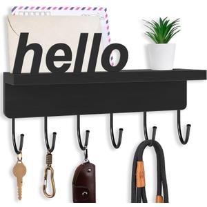 Key Holder for Wall, Decorative Mail Holder with Shelf, Entryway Organizer, Key Hanger Rustic Farmhouse Home Decor (9.8" W x 5.7" H x 2.7" D) Black