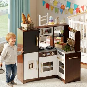TaoHFE Espresso Corner Play Kitchen with Lights,Kitchen Set for Kids Ages 1-3,Brown Kids Toy Kitchen Set with Pretend Play Accessories Playset for Girls Christmas Presen