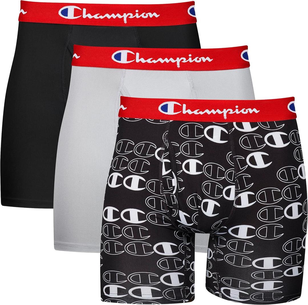 Underwear Boxer Briefs, Everyday Active, Lightweight Stretch, 3-pack (Large, New Ebony/New Ebony With C Logo Print; Silverstone - 3 Pack)