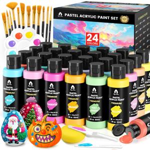 40 Pcs Pastel Acrylic Paint Set with 12 Brushes, 2 Knives & Palette, 24 Colors (2oz/60ml) - for Adults, Kids, Artists & Beginners - Canvas Ceramic Rock Wood Egg Painting Kit