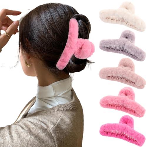 4PCS Large Claw Hair Clips for Thick Hair Big Fuzzy Hair Clips for Women Nonslip Strong Hold Hair Claw Clip (Pinks)