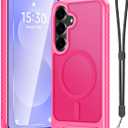 Samsung Galaxy S25 FE Case with Screen Protector+Lanyard Wrist Strap,Magnetic Translucent Matte Rugged Slim Phone Cover Built in Invisible Kickstand [Fit for MagSafe],2025 Hot Pink