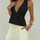 MakeMeChic Women's Y2K Halter Embroidery Tank Top Party Tie Backless Deep V Neck Cami Top (Black, M)