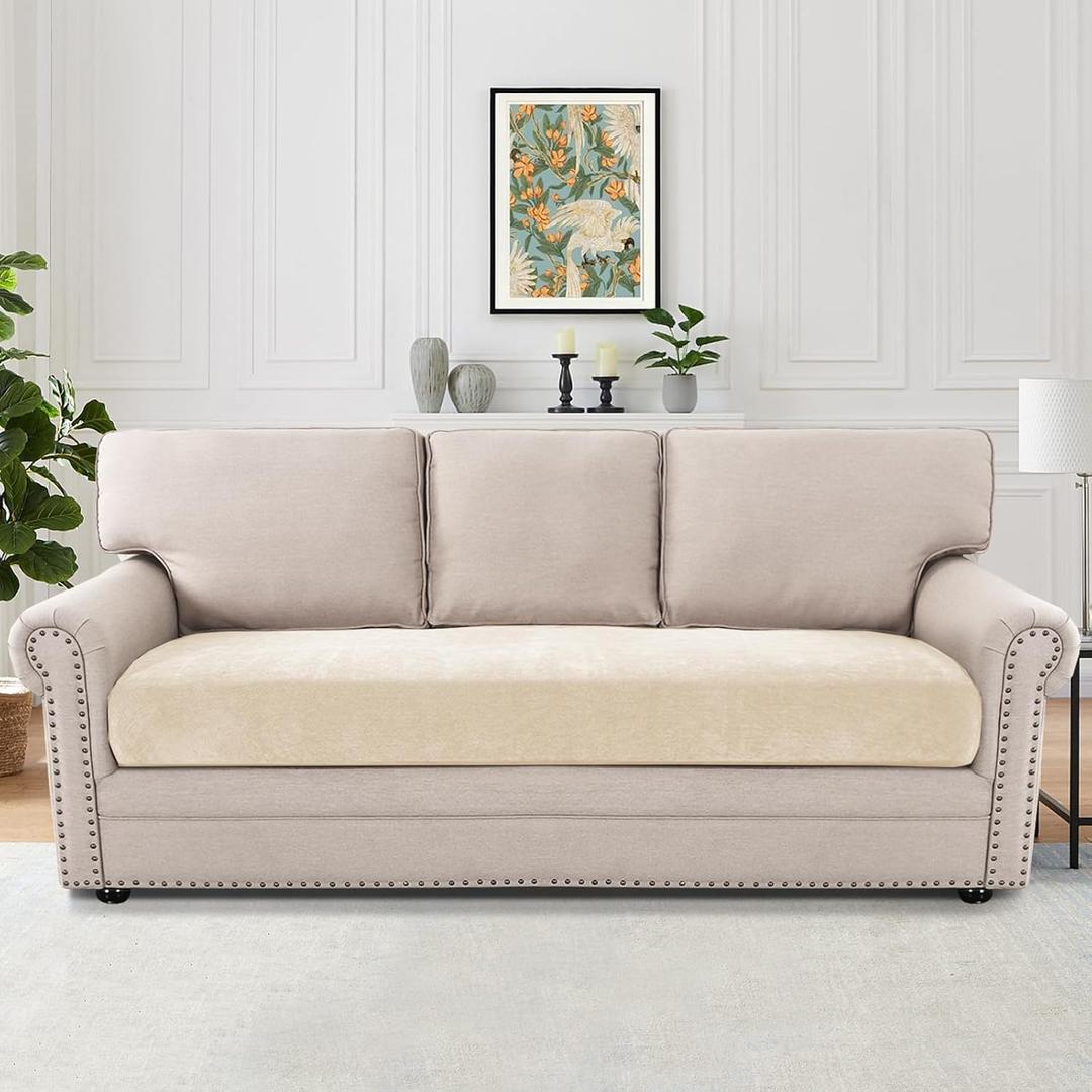 H.VERSAILTEX Stretch Chenille Couch Cushion Cover Soft Sofa Covers Washable Thick Durable Cushion Covers for Couches and Sofas All Seasons Universal(3 Seater Sofa Cushion Cover,Beige)