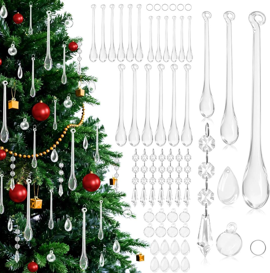 210 Pcs Christmas Tree Decoration Crystal Ornaments 6 Styles Clear Acrylic Hanging Teardrop Chandelier Garland Pendant Xmas Party Home Ornaments