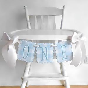 Bow 1st Birthday High Chair Banner Blue Gingham Embroidered ONE Garland with Bows for One Sweet Boy First Birthday Decorations (Blue)