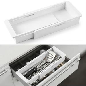 LemonRoad 2 Pcs Sliding Drawer Organizer Bin Bamboo Drawer Expandable Bins Utensil Organizer for Kitchen Spoons Forks Knives (White)