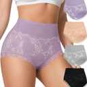 Women's Underwear 4 Pack Cotton High Waisted Ladies Panties with Lace 4-Way Stretch Comfortable Full Coverage (Medium)