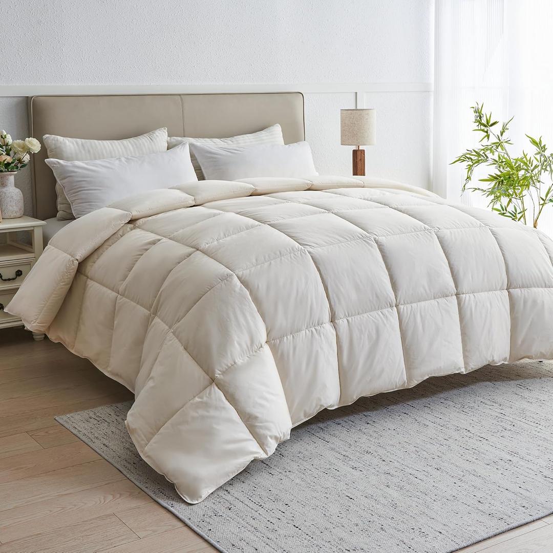 puredown Organic Cotton Feather Fiber Comforter, Bedding Duvet Insert Full/Queen Size, All Season 100% Pure Natural Cotton Cover Breathable Fluffy Feather Comforter with Corner Ties (Beige, 88"x90")
