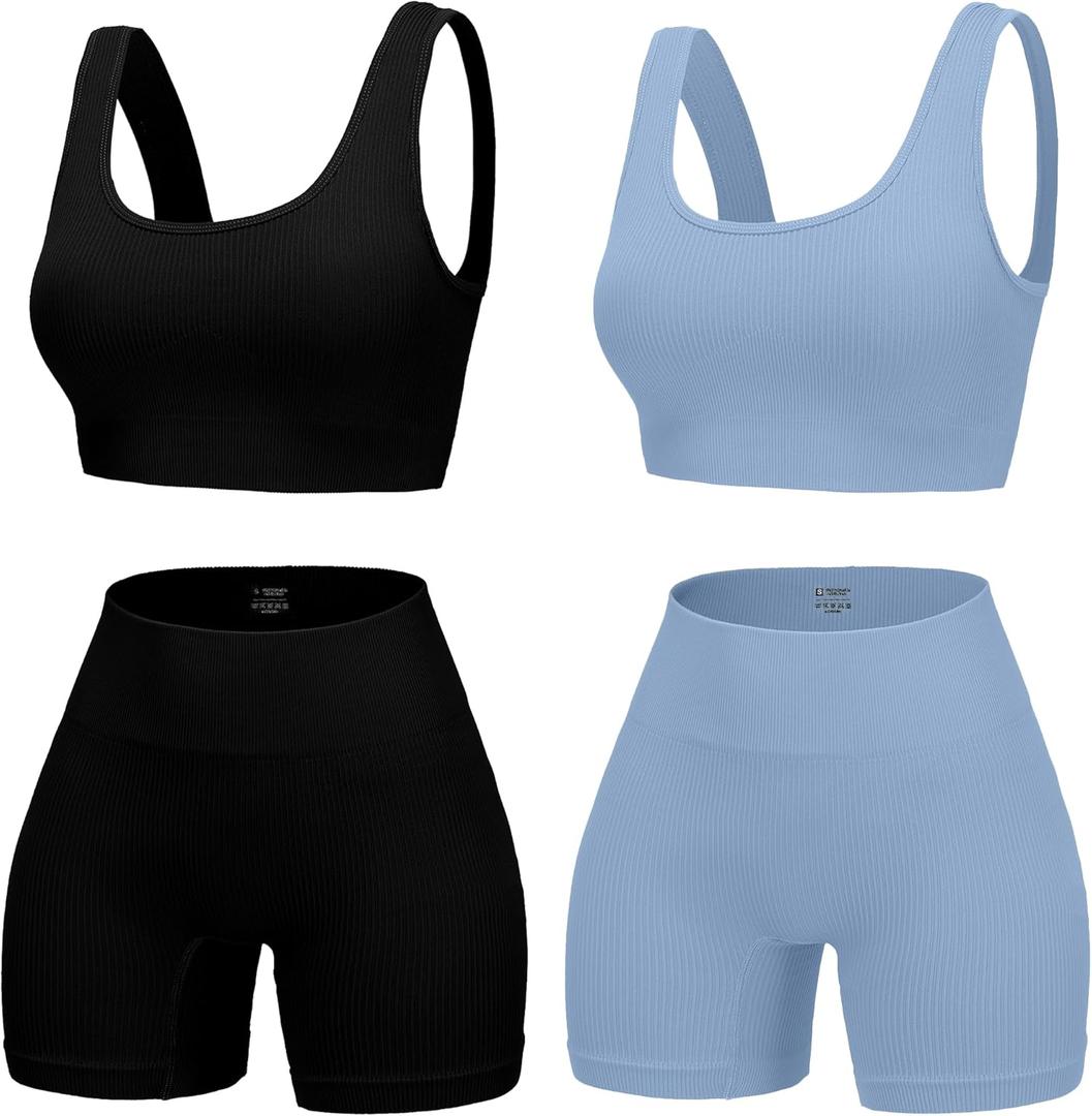 4 Piece Workout Sets for Women Seamless Ribbed High Waist Yoga shorts with Sports Bra Outfits (Large, Black/Lake Blue)
