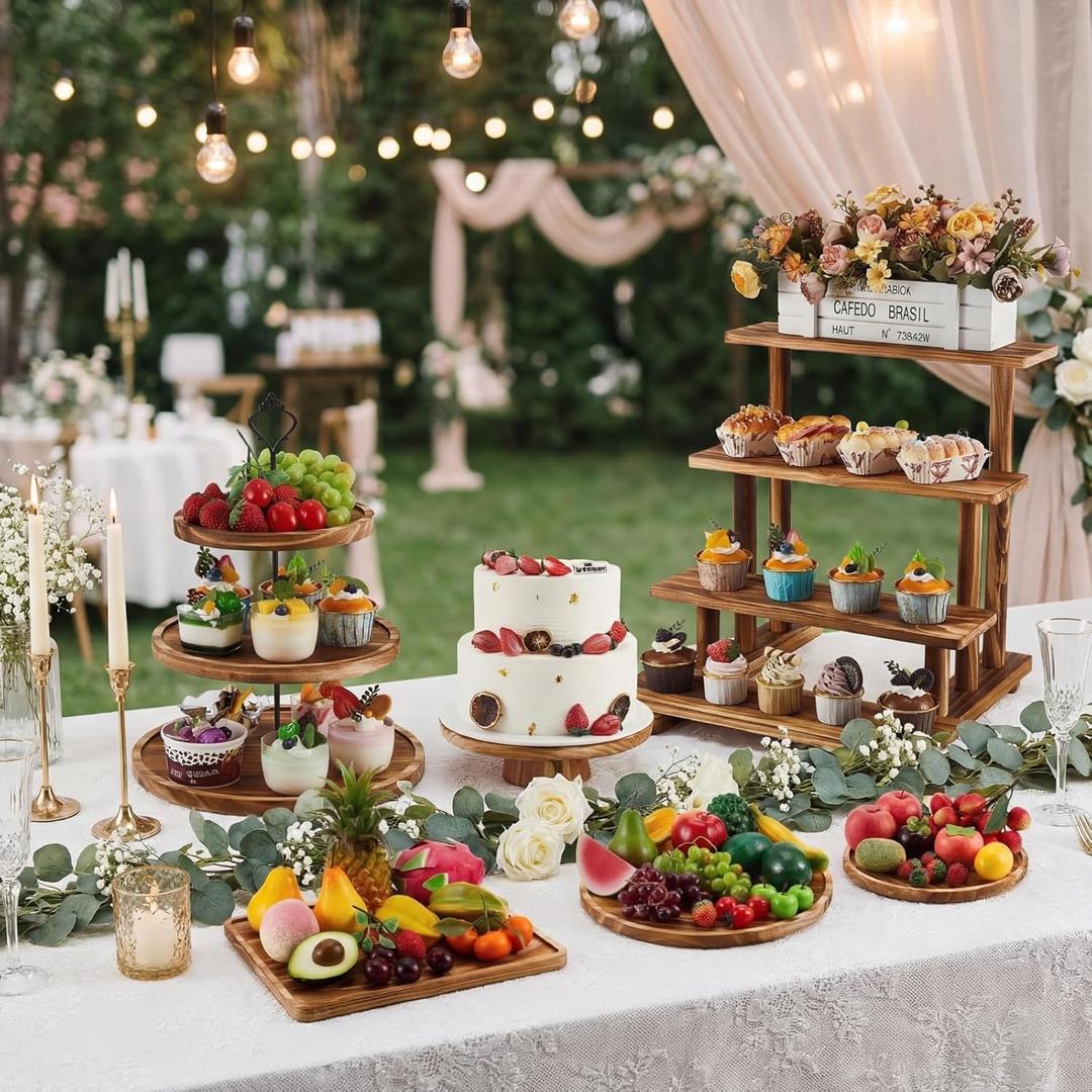 Roowest Wood Cake Stands Set of 6 Wood Dessert Tower Dessert Trays Desert Stands Cupcake Stand Rustic 3 Tier Farmhouse Cupcake Serving Stands with Dessert Trays for Tea Party (Brown)
