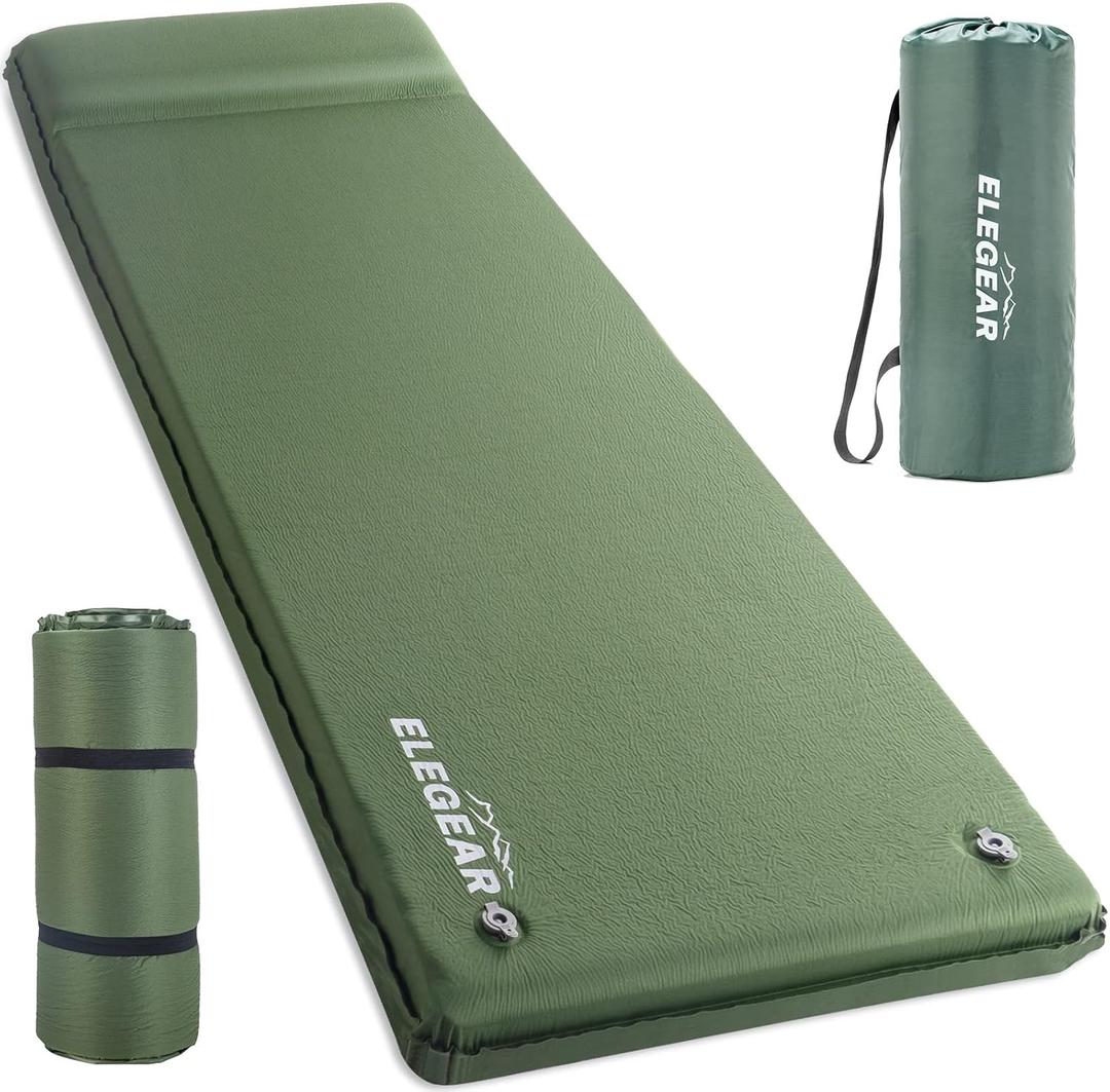 Elegear Self Inflating Sleeping Pad, 3.15" Ultra-Thick Memory Foam Camping Pad with Pillow Fast Inflating in 20s Insulated Camping Mattress Pad 4-Season Camp Sleeping Mat for Camp/Travel/Car/Tent (Single, Army Green)