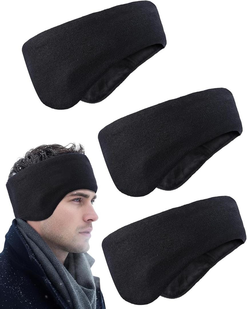 JenPen 3 Pcs Double-layer Ear Muffs for Winter Ear Warmers Headband for Men Women Knit Fuzzy Lined for Adult Running Cycling Ski (Black)