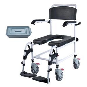 VEVOR Shower Commode Wheelchair with 4 Lockable Wheels, Footrests, Flip-up Arms, 3-Level Adjustable Height, 5L Removable Bucket, 350 LBS Capacity, Commode Chair for Adults Seniors